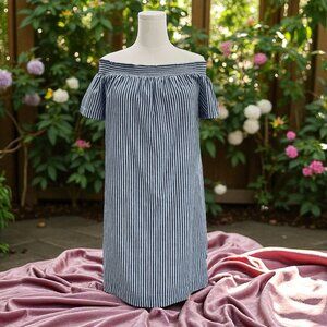 J Crew Striped Off Shoulder Cotton Linen Dress Summer Coastal Vacation SZ 14